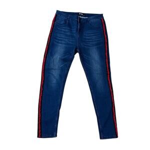 ICON Amsterdam Men Slim Fit Blue Denim Jeans Red & Black Side Stripes 36